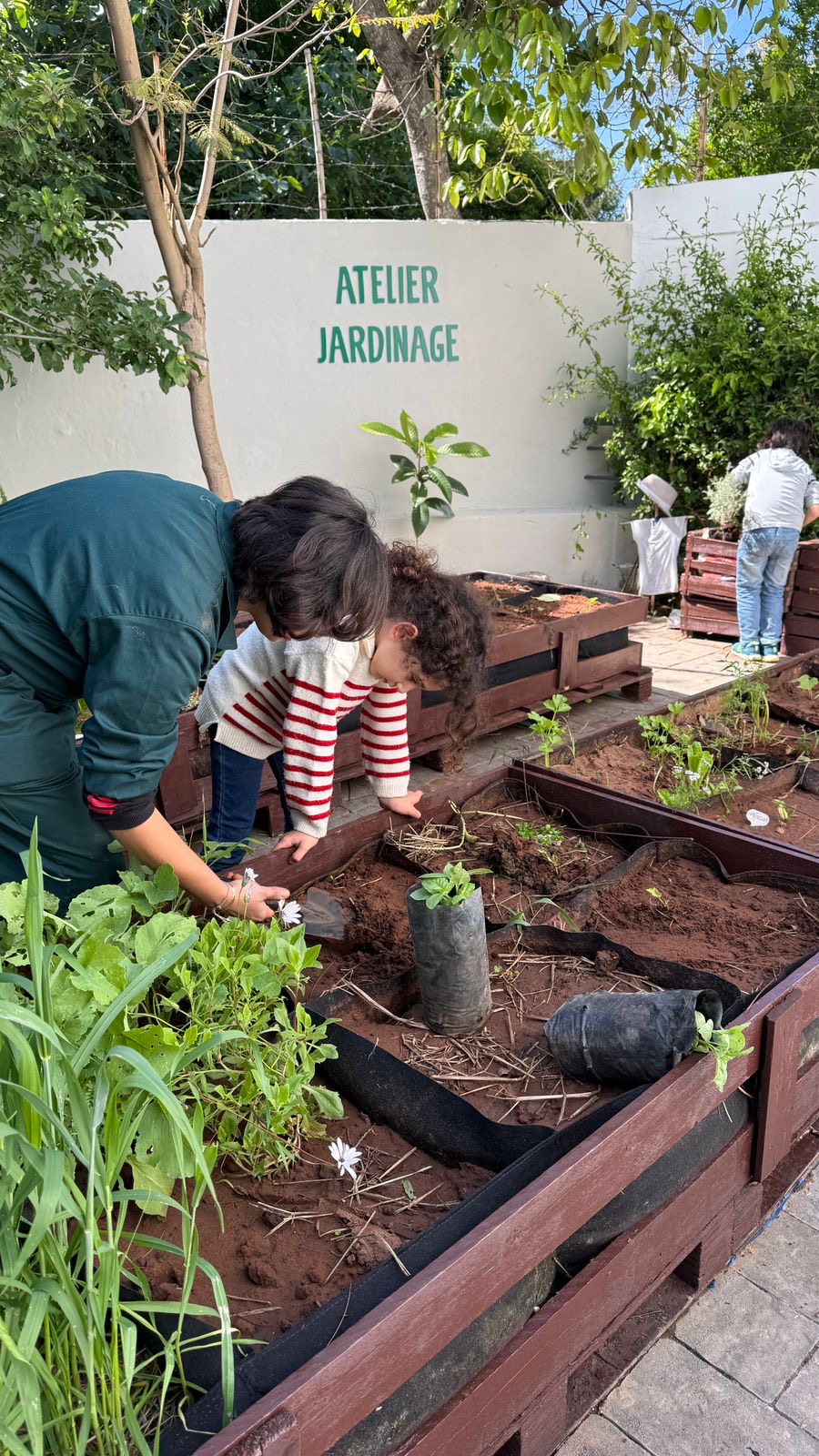 Enfant et adulte en plein jardinage dans un potager en bois, atelier jardinage